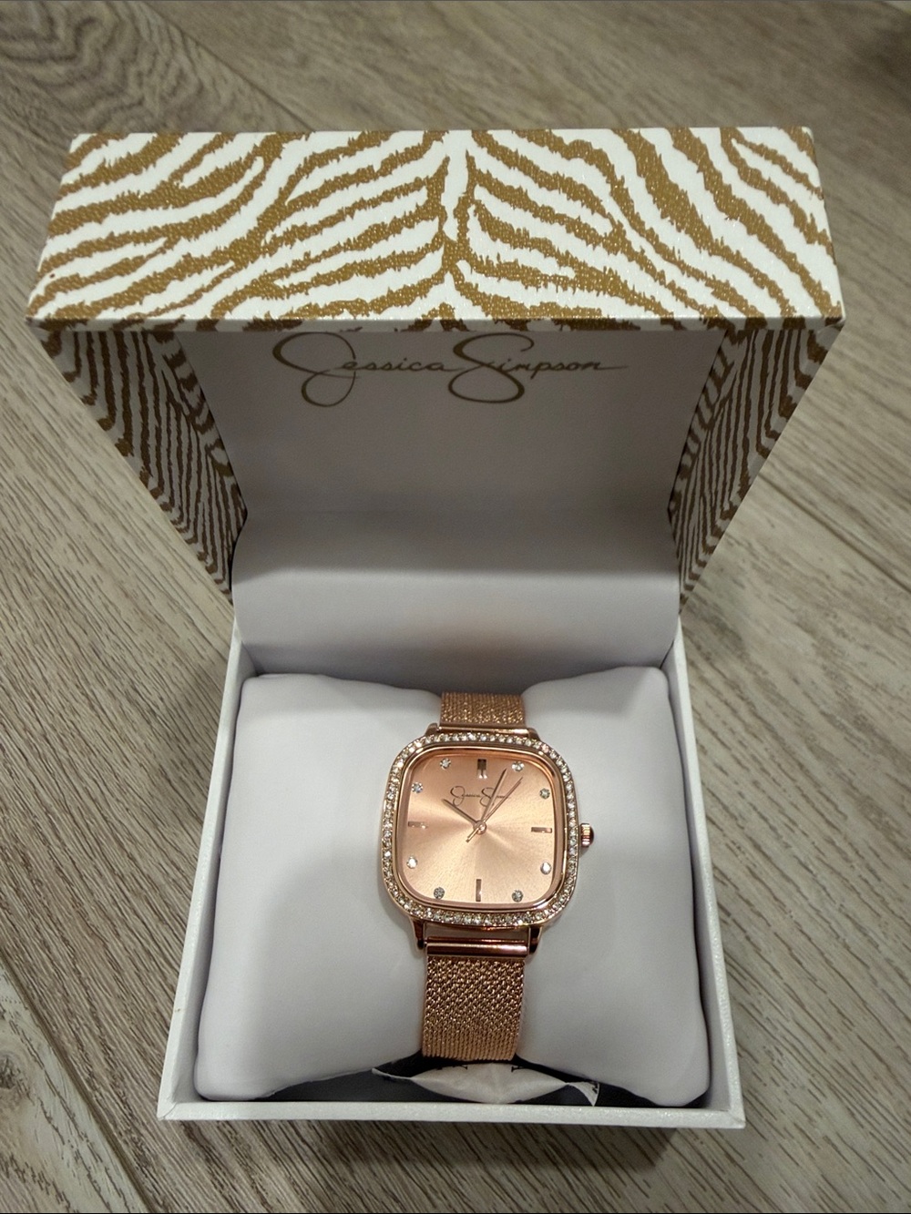 Jessica Simpson Rose Gold Mesh Strap Crystal Accent Watch